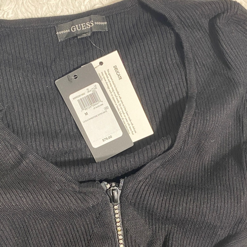 Guess Black Ribbed Rhinestone Zip Cardigan NWT - Picture 2 of 4